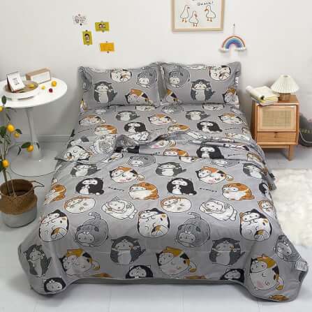 ชุดผ้าปูที่นอน 6ฟุต 5ชิ้น Fluffy ผ้า cotton คอลเลคชั่น Dreamy ลาย Lazy cat ไม่รวมผ้านวม_1